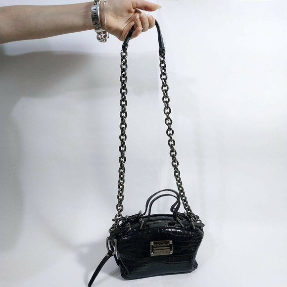 Dolce & Gabbana shoulder bag, croc effect patent black leather w/ chain - Picture 3 of 11